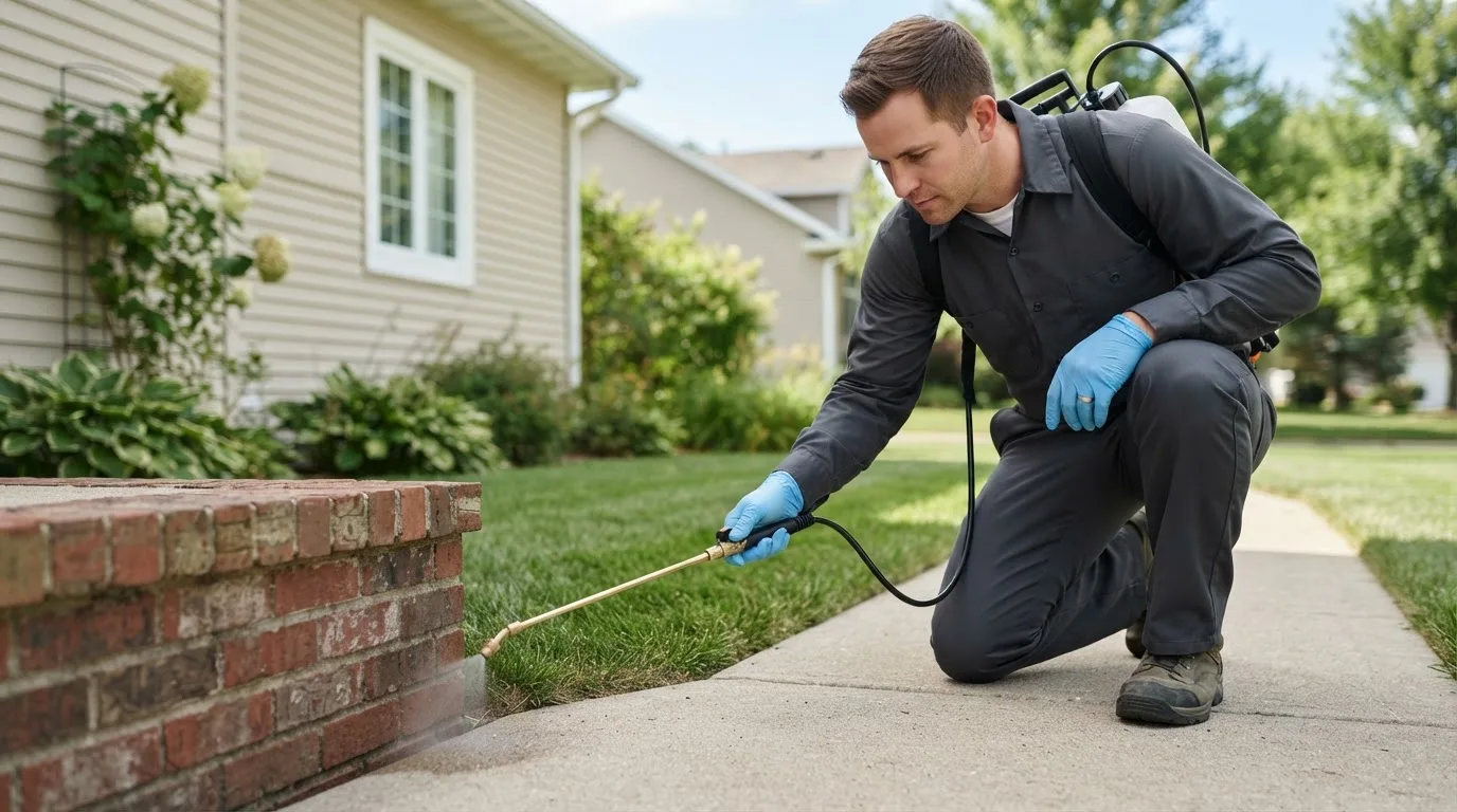 Pest control technician treating a home near Meyersville, TX