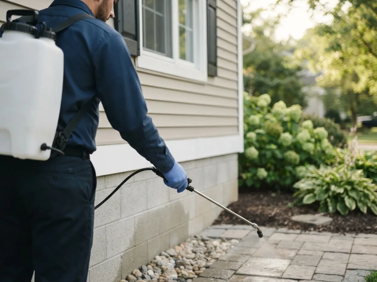Pest control technician inspecting a home in Meyersville, TX